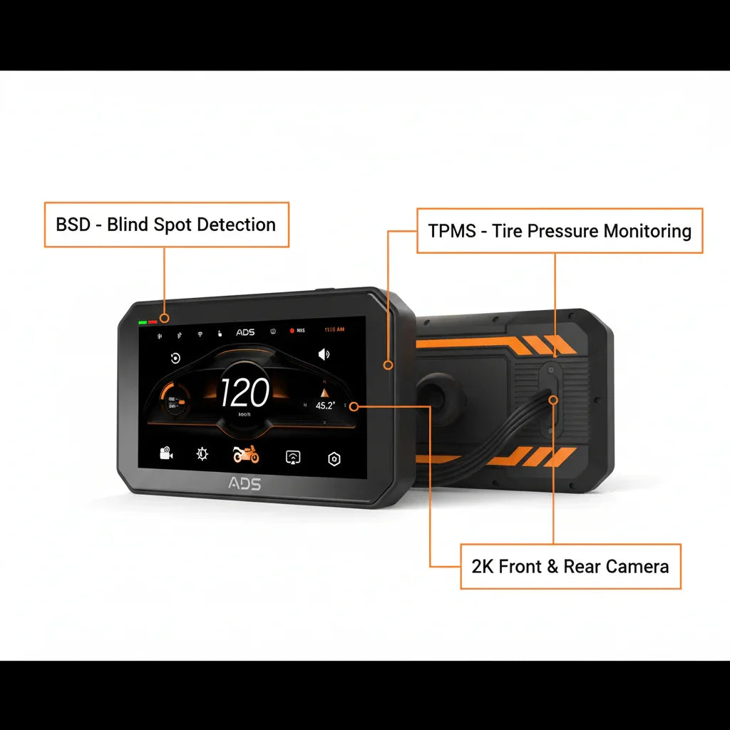 ADS Rover 3.0 Pro - 5" Motorcycle CarPlay Display with BSD, TPMS & 2K Dashcam - ADS Shop