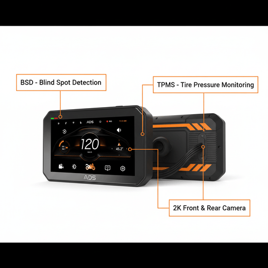 ADS Rover 3.0 Pro - 5" Motorcycle CarPlay Display with BSD, TPMS & 2K Dashcam - ADS Shop